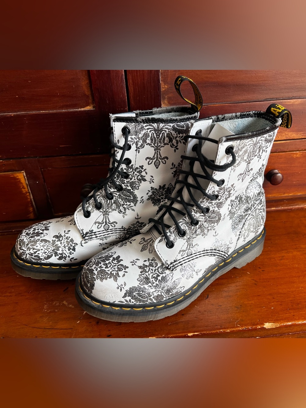 Dr. Martens White Black Floral Lace-Up Combat Boots